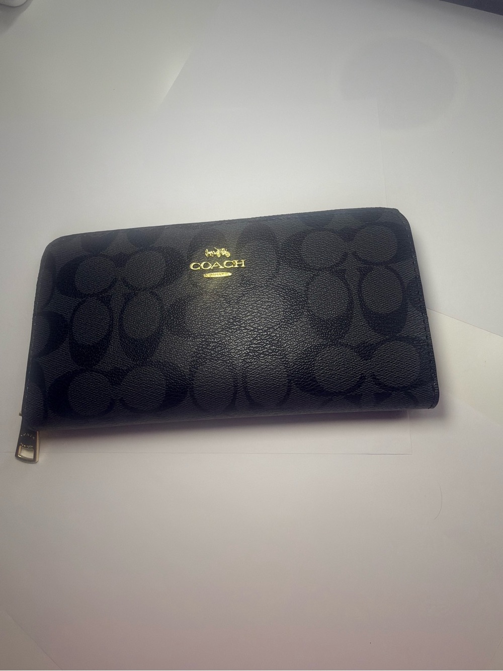Coach Black Signature Zip Around Wallet with Gold Logo